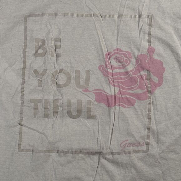 GUESS Be You Tiful White Shirt (Women's Size XL) Pink Rose • Beautiful - Picture 2 of 5
